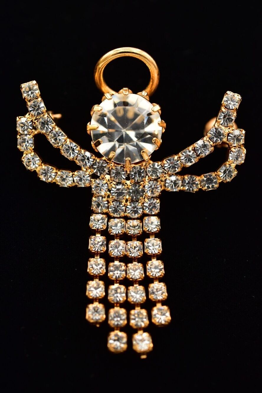 Vintage Crystal Angel Pin Brooch Prong Rhinestone Halo Gold Tone Fringe BinAL